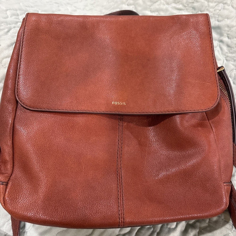 Fossil Claire Tan Caramel Brown Leather Backpack  Brass Hardware